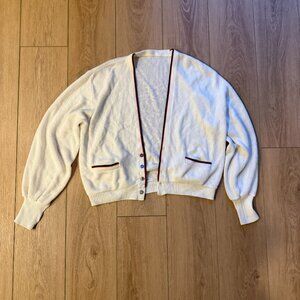 Cream Cardigan Sweater with Red & Navy Trim - BVintage Inspired - Needs Repair